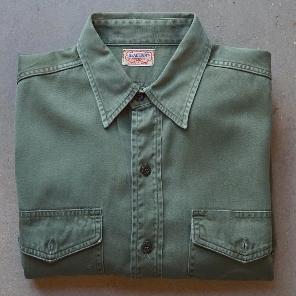 Vintage 1950s Headlight Army Green Twill Shirt Workwear Union Made Sanforized